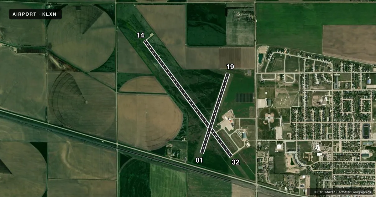 Top-down satellite sketch of KLXN JIM KELLY FLD in LEXINGTON, NEBRASKA, showing runways 14/32, 01/19 drawn to scale over Esri World Imagery