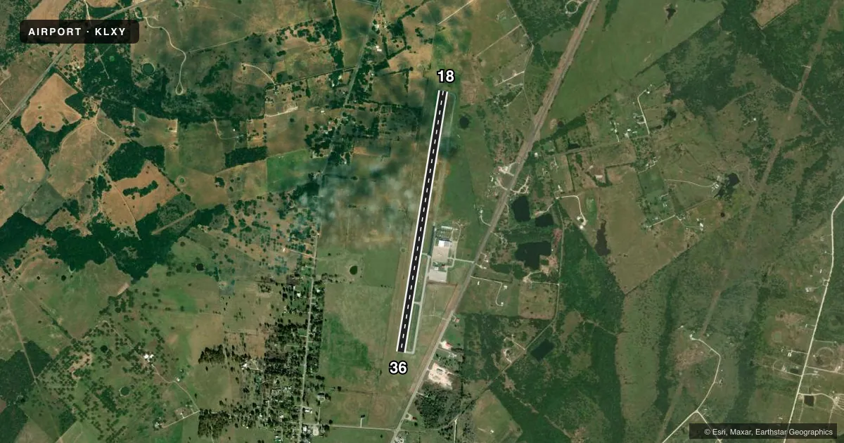 Top-down satellite sketch of KLXY MEXIA-LIMESTONE COUNTY in MEXIA, TEXAS, showing runways 18/36 drawn to scale over Esri World Imagery