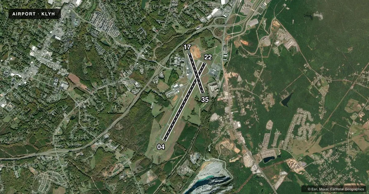 Top-down satellite sketch of KLYH LYNCHBURG RGNL/PRESTON GLENN FLD in LYNCHBURG, VIRGINIA, showing runways 04/22, 17/35 drawn to scale over Esri World Imagery