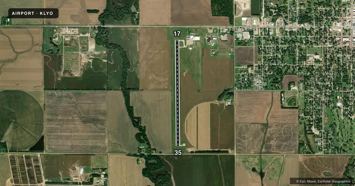 Top-down satellite sketch of KLYO LYONS-RICE COUNTY MUNI in LYONS, KANSAS, showing runways 17/35 drawn to scale over Esri World Imagery