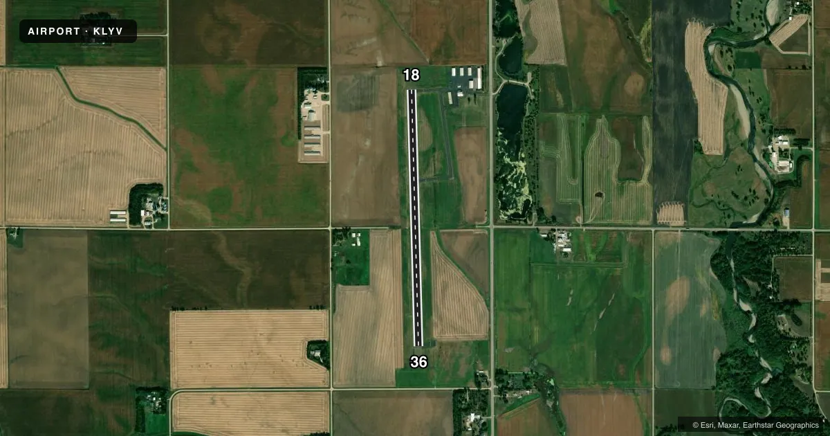 Top-down satellite sketch of KLYV QUENTIN AANENSON FLD in LUVERNE, MINNESOTA, showing runways 18/36 drawn to scale over Esri World Imagery