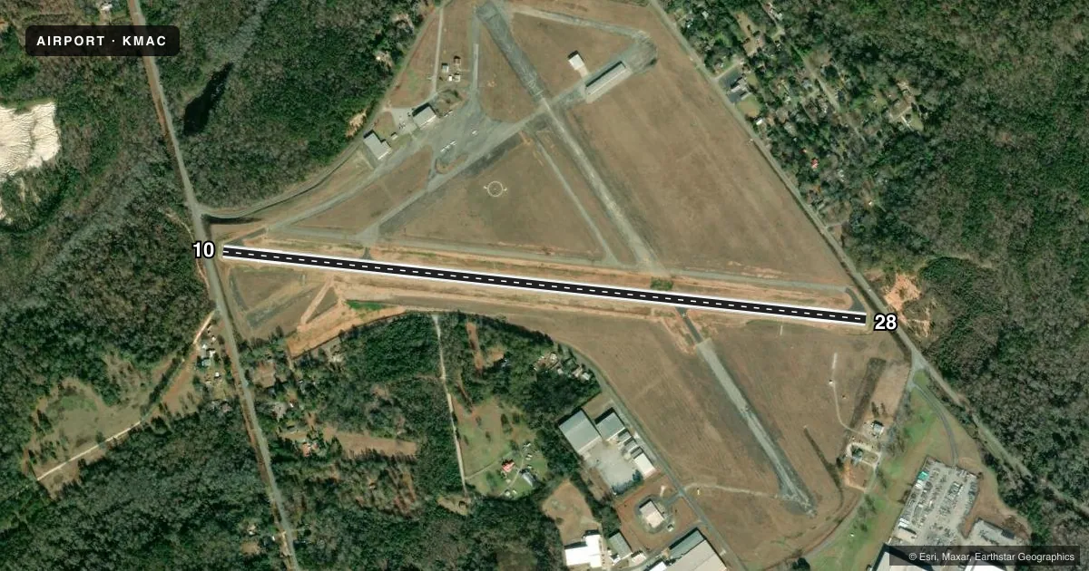 Top-down satellite sketch of KMAC MACON DOWNTOWN in MACON, GEORGIA, showing runways 10/28 drawn to scale over Esri World Imagery