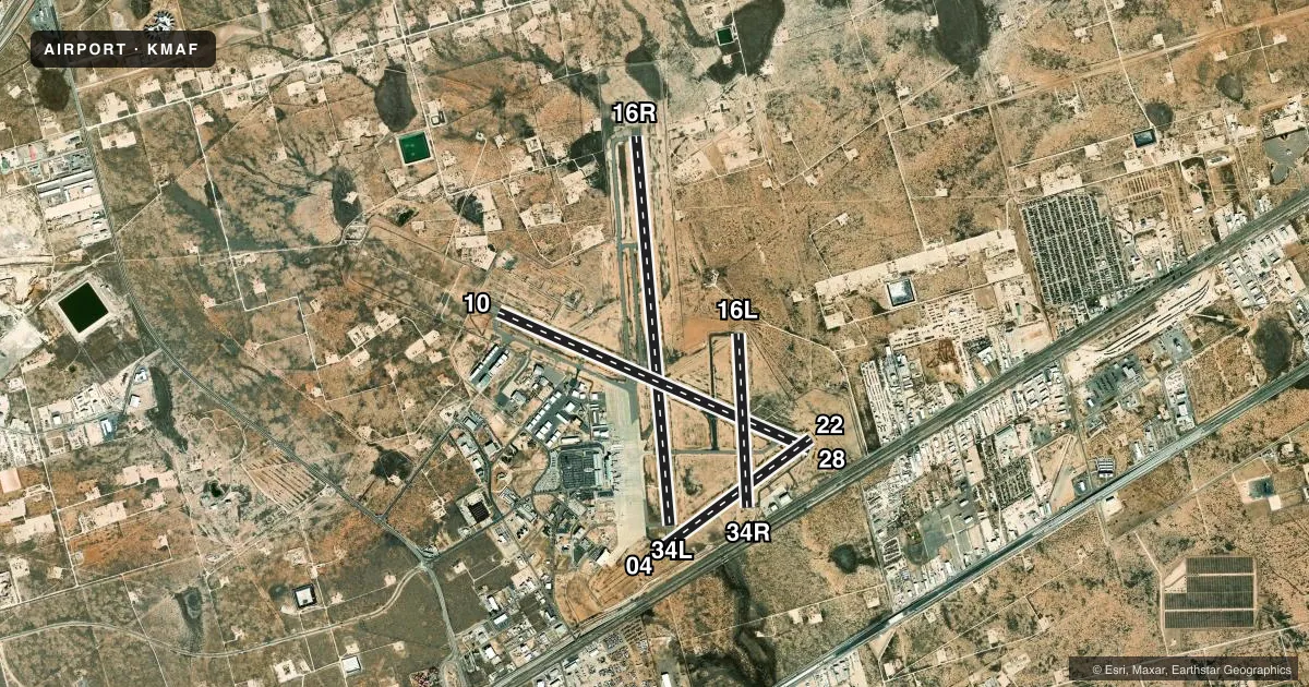 Top-down satellite sketch of KMAF MIDLAND INTL AIR AND SPACE PORT in MIDLAND, TEXAS, showing runways 16R/34L, 10/28, 04/22, 16L/34R drawn to scale over Esri World Imagery