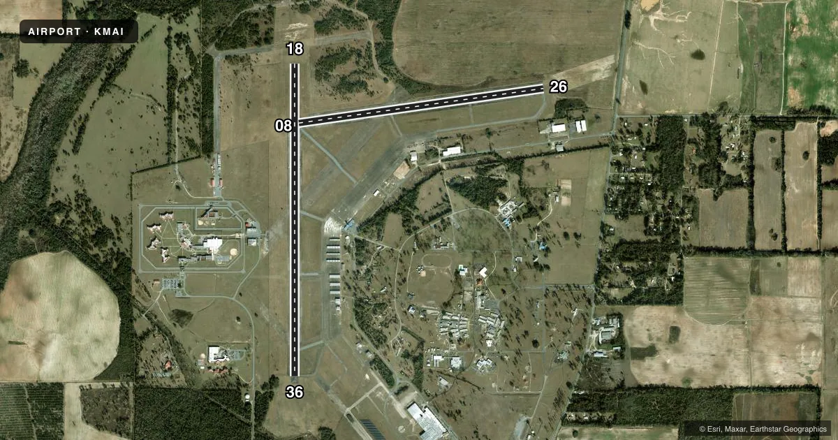 Top-down satellite sketch of KMAI MARIANNA MUNI in MARIANNA, FLORIDA, showing runways 18/36, 08/26 drawn to scale over Esri World Imagery