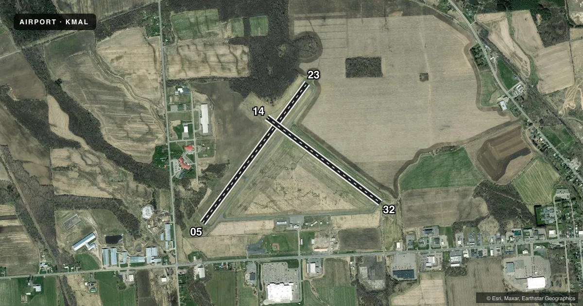 Top-down satellite sketch of KMAL MALONE-DUFORT in MALONE, NEW YORK, showing runways 05/23, 14/32 drawn to scale over Esri World Imagery