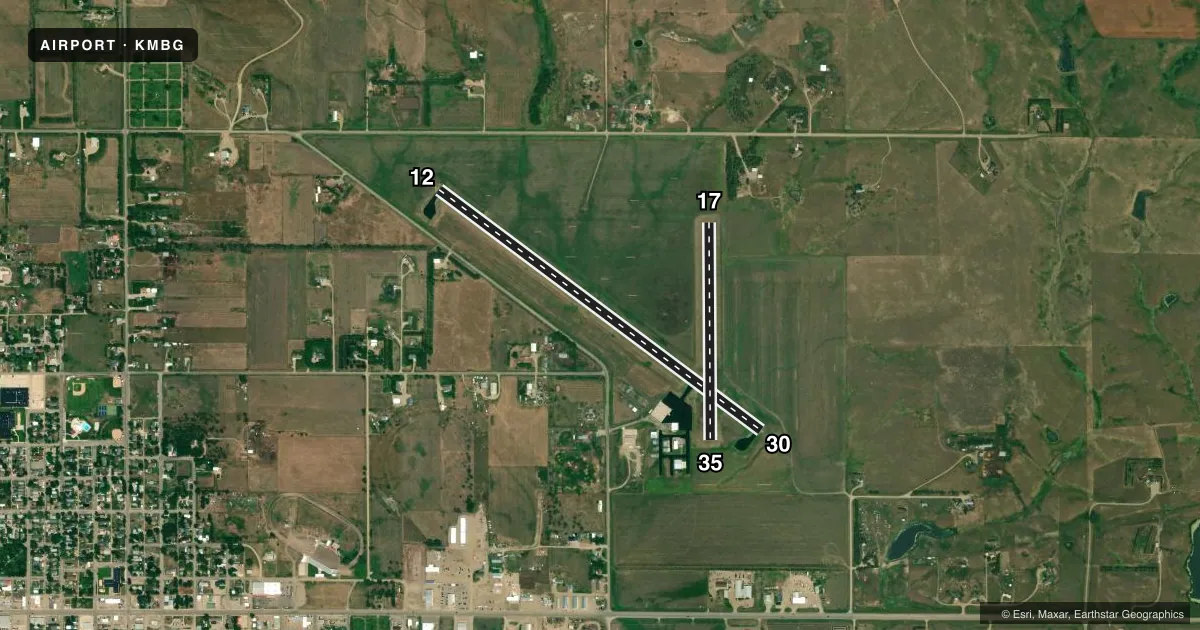 Top-down satellite sketch of KMBG MOBRIDGE MUNI in MOBRIDGE, SOUTH DAKOTA, showing runways 12/30, 17/35 drawn to scale over Esri World Imagery