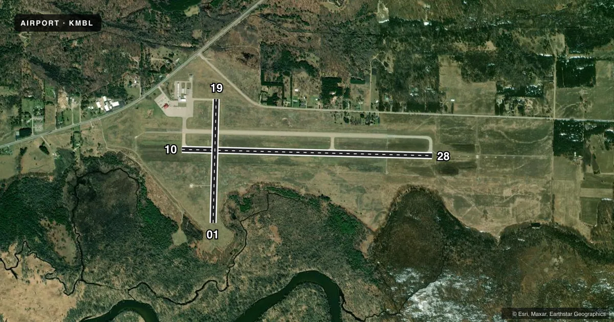 Top-down satellite sketch of KMBL MANISTEE COUNTY/BLACKER in MANISTEE, MICHIGAN, showing runways 10/28, 01/19 drawn to scale over Esri World Imagery
