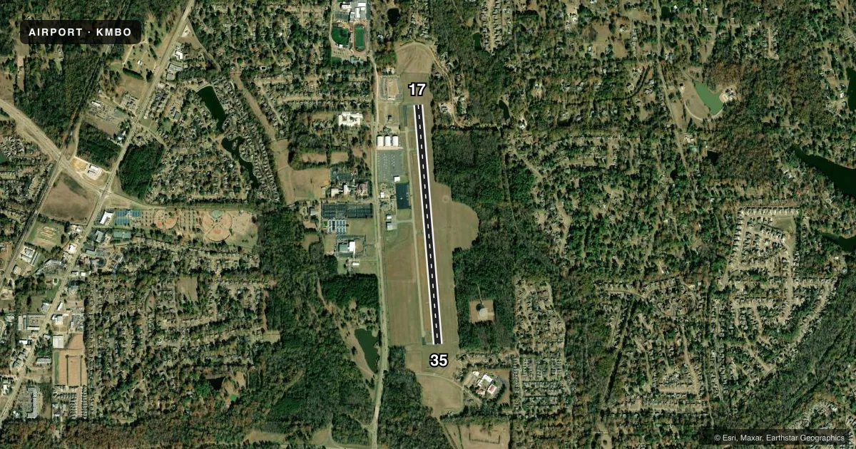 Top-down satellite sketch of KMBO BRUCE CAMPBELL FLD in MADISON, MISSISSIPPI, showing runways 17/35 drawn to scale over Esri World Imagery