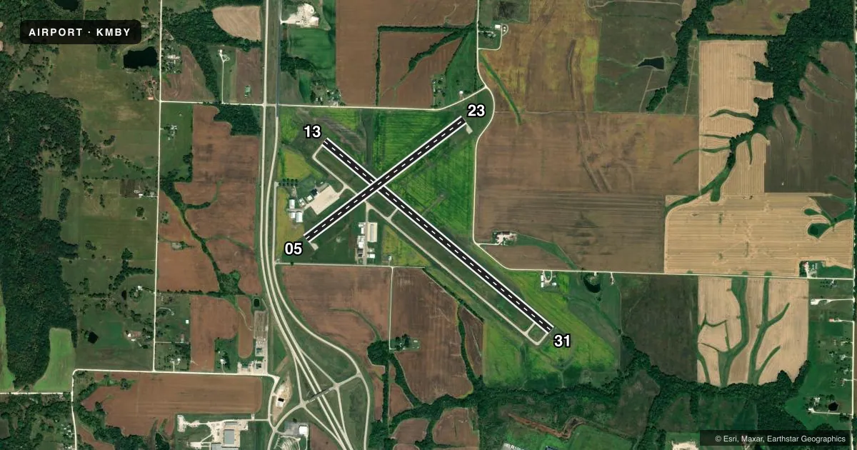 Top-down satellite sketch of KMBY OMAR N BRADLEY in MOBERLY, MISSOURI, showing runways 13/31, 05/23 drawn to scale over Esri World Imagery