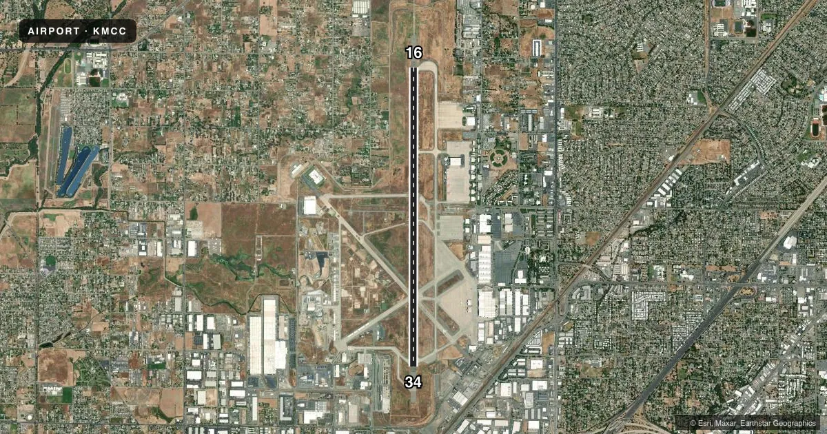 Top-down satellite sketch of KMCC MC CLELLAN AIRFIELD in SACRAMENTO, CALIFORNIA, showing runways 16/34 drawn to scale over Esri World Imagery