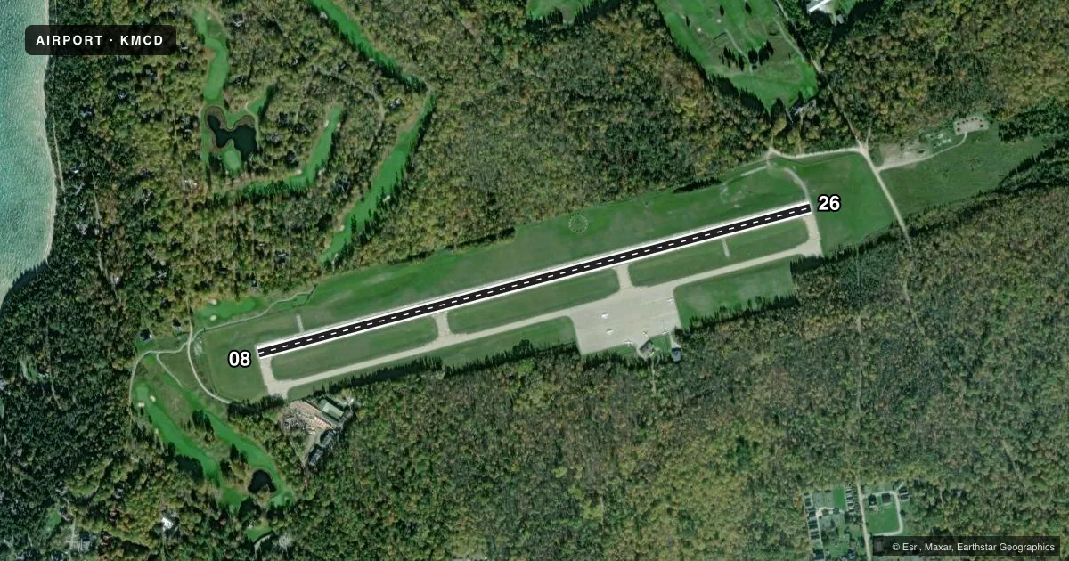 Top-down satellite sketch of KMCD MACKINAC ISLAND in MACKINAC ISLAND, MICHIGAN, showing runways 08/26 drawn to scale over Esri World Imagery