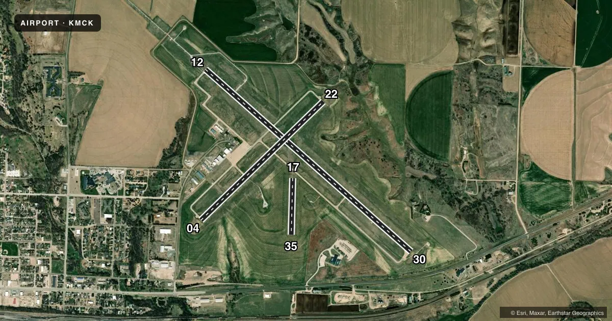 Top-down satellite sketch of KMCK MC COOK BEN NELSON RGNL in MC COOK, NEBRASKA, showing runways 12/30, 04/22, 17/35 drawn to scale over Esri World Imagery