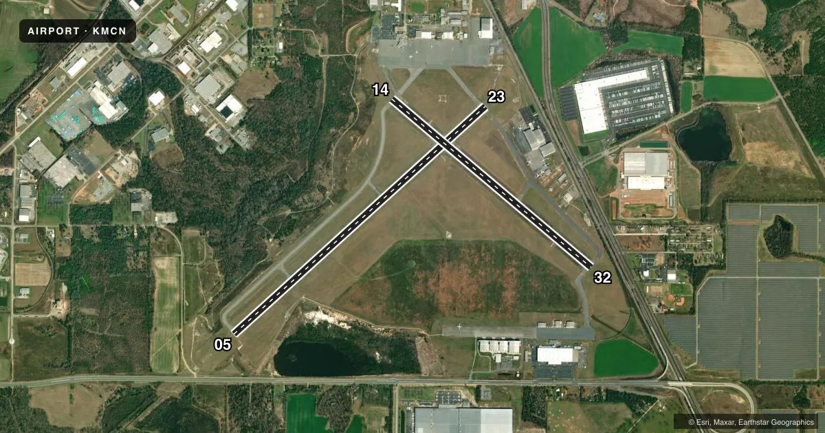 Top-down satellite sketch of KMCN MIDDLE GEORGIA RGNL in MACON, GEORGIA, showing runways 05/23, 14/32 drawn to scale over Esri World Imagery