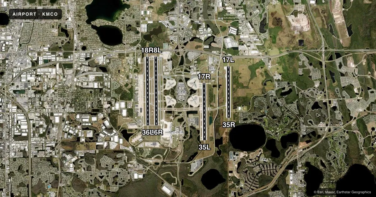 Top-down satellite sketch of KMCO ORLANDO INTL in ORLANDO, FLORIDA, showing runways 18L/36R, 18R/36L, 17R/35L, 17L/35R drawn to scale over Esri World Imagery