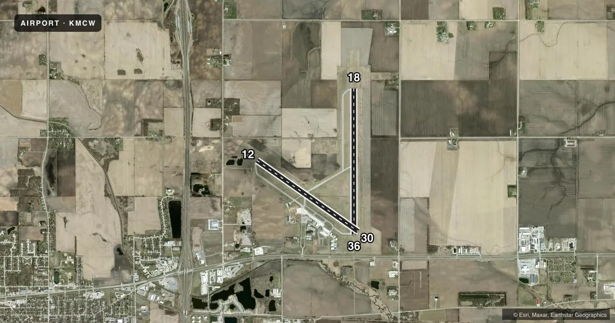 Top-down satellite sketch of KMCW MASON CITY MUNI in MASON CITY, IOWA, showing runways 18/36, 12/30 drawn to scale over Esri World Imagery