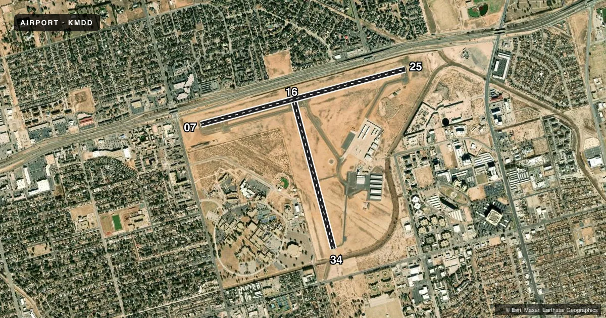 Top-down satellite sketch of KMDD MIDLAND AIRPARK in MIDLAND, TEXAS, showing runways 07/25, 16/34 drawn to scale over Esri World Imagery