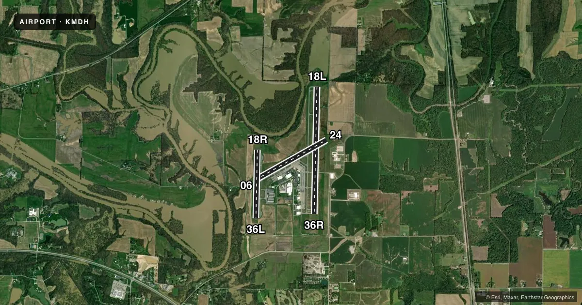 Top-down satellite sketch of KMDH SOUTHERN ILLINOIS in CARBONDALE/MURPHYSBORO, ILLINOIS, showing runways 18L/36R, 06/24, 18R/36L drawn to scale over Esri World Imagery