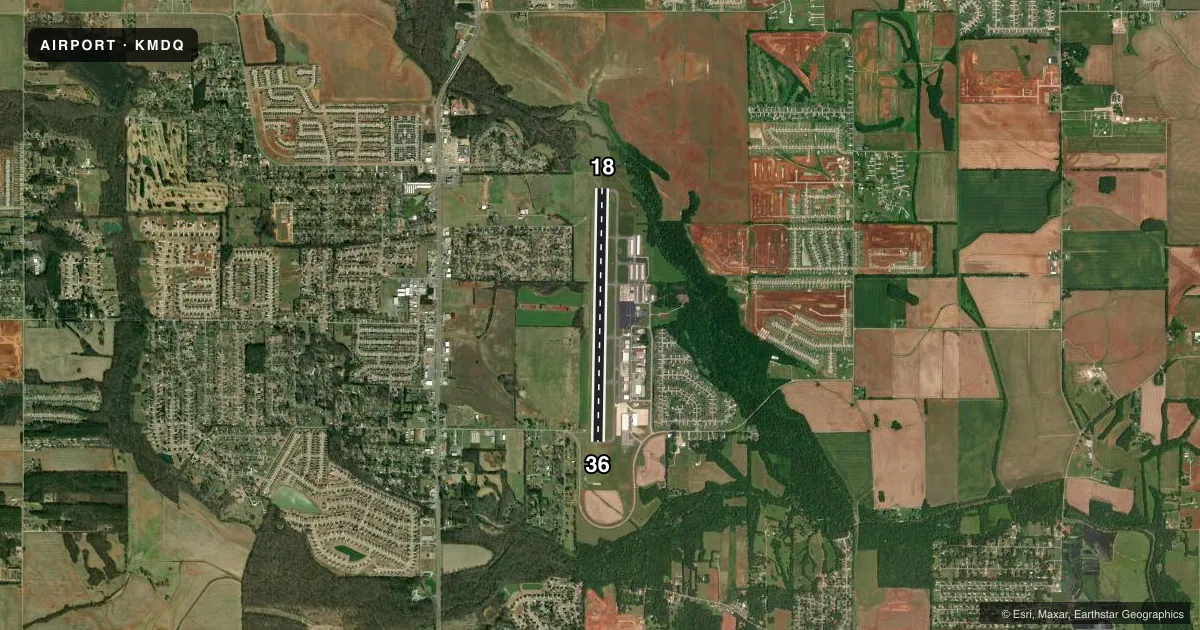 Top-down satellite sketch of KMDQ HUNTSVILLE EXEC TOM SHARP JR FLD in HUNTSVILLE, ALABAMA, showing runways 18/36 drawn to scale over Esri World Imagery