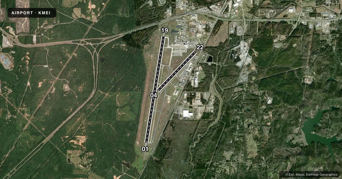 Top-down satellite sketch of KMEI KEY FLD in MERIDIAN, MISSISSIPPI, showing runways 01/19, 04/22 drawn to scale over Esri World Imagery