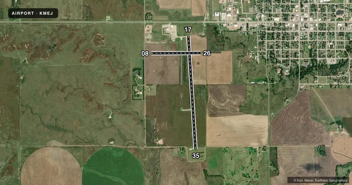 Top-down satellite sketch of KMEJ MEADE MUNI in MEADE, KANSAS, showing runways 17/35, 08/26 drawn to scale over Esri World Imagery