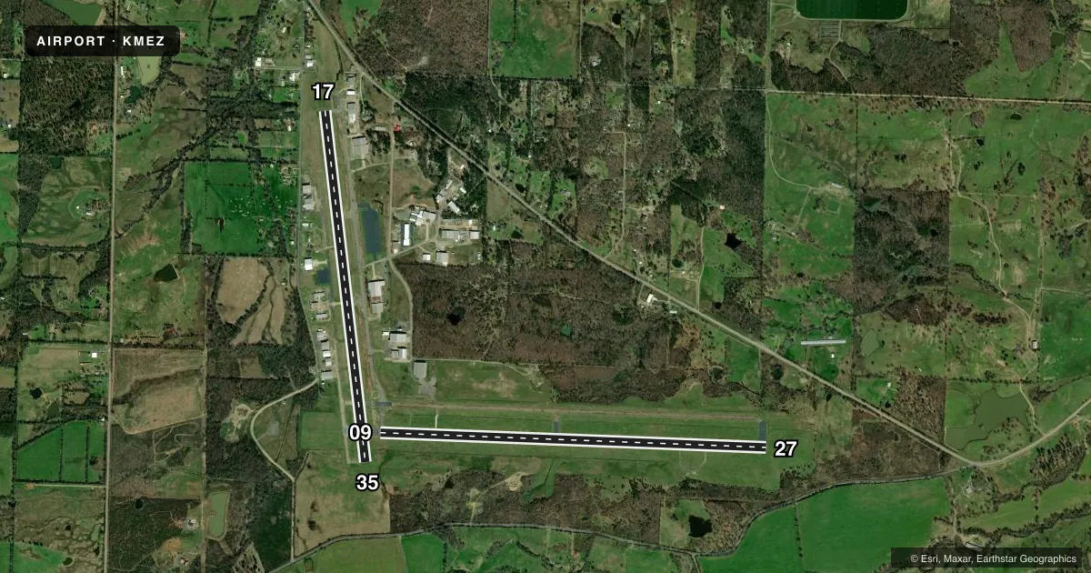 Top-down satellite sketch of KMEZ MENA INTERMOUNTAIN MUNI in MENA, ARKANSAS, showing runways 09/27, 17/35 drawn to scale over Esri World Imagery