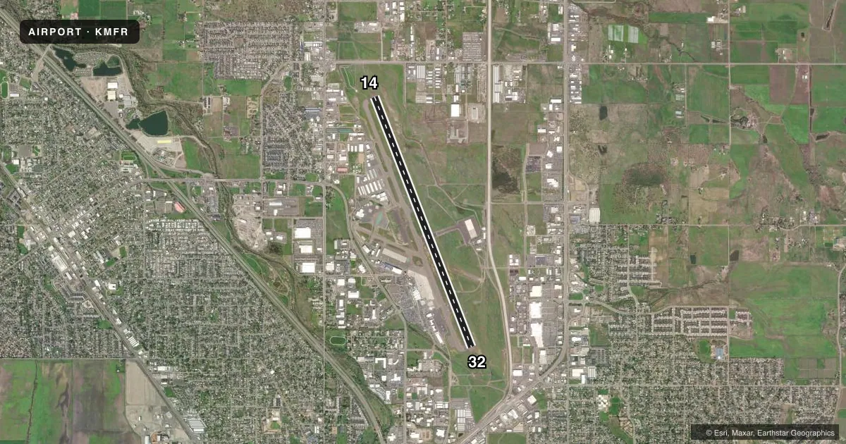 Top-down satellite sketch of KMFR ROGUE VALLEY INTL/MEDFORD in MEDFORD, OREGON, showing runways 14/32 drawn to scale over Esri World Imagery