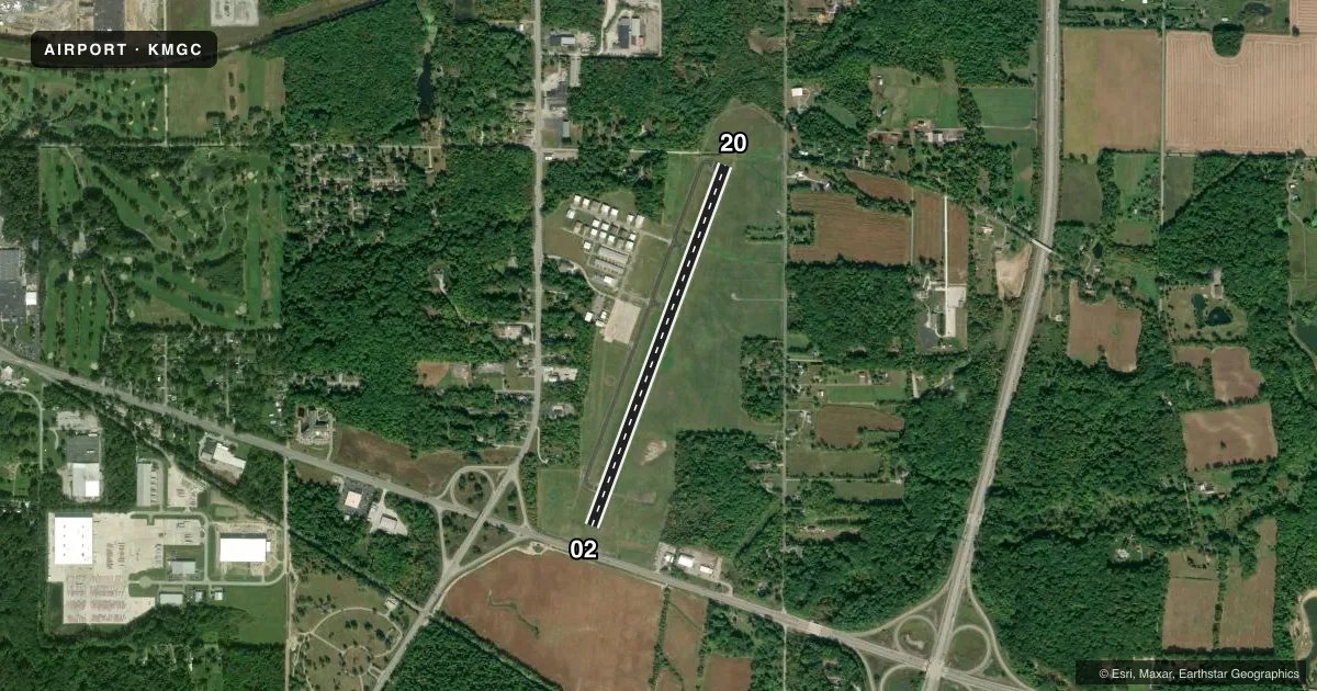 Top-down satellite sketch of KMGC MICHIGAN CITY MUNI-PHILLIPS FLD in MICHIGAN CITY, INDIANA, showing runways 02/20 drawn to scale over Esri World Imagery