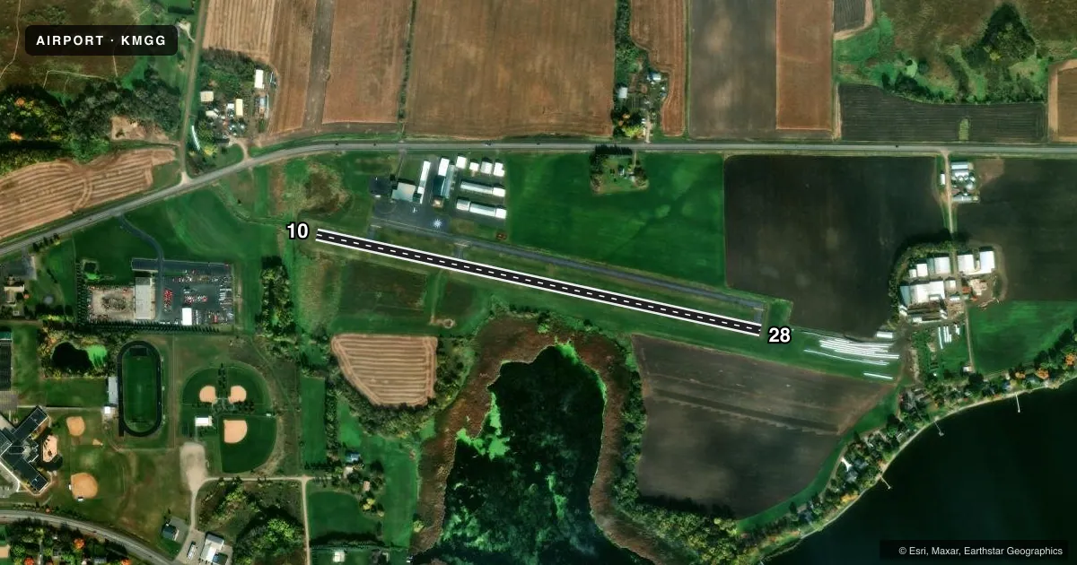 Top-down satellite sketch of KMGG MAPLE LAKE MUNI-BILL MAVENCAMP SR FLD in MAPLE LAKE, MINNESOTA, showing runways 10/28 drawn to scale over Esri World Imagery