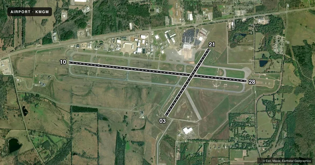 Top-down satellite sketch of KMGM MONTGOMERY RGNL (DANNELLY FLD) in MONTGOMERY, ALABAMA, showing runways 10/28, 03/21 drawn to scale over Esri World Imagery
