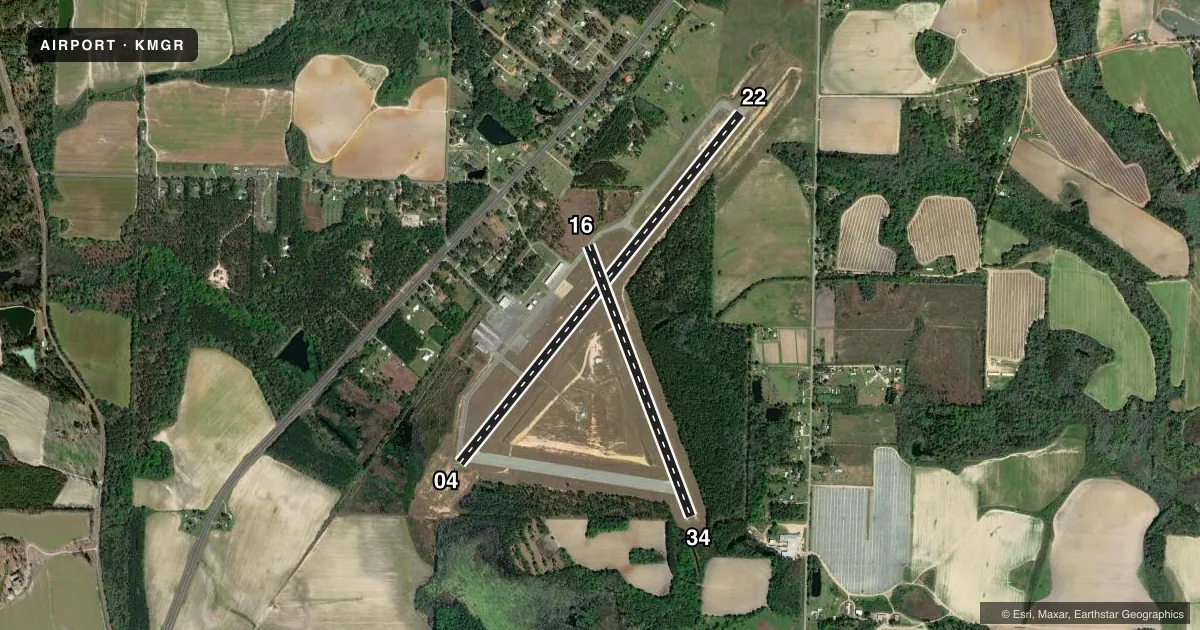 Top-down satellite sketch of KMGR MOULTRIE MUNI in MOULTRIE, GEORGIA, showing runways 04/22, 16/34 drawn to scale over Esri World Imagery