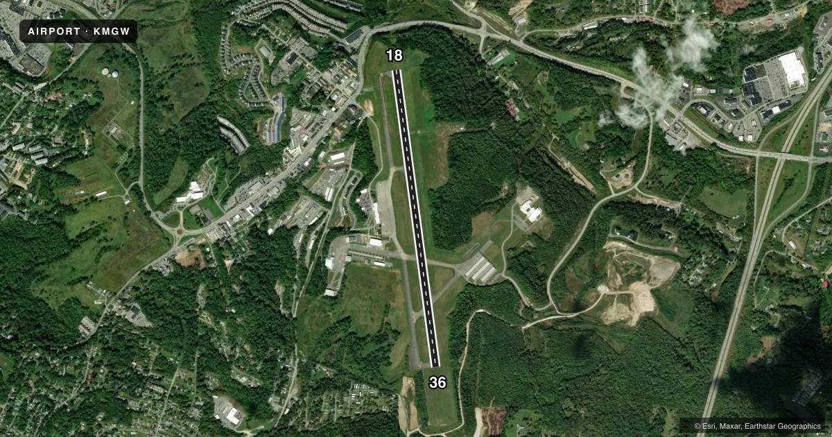 Top-down satellite sketch of KMGW MORGANTOWN MUNI/WALTER L BILL HART FLD in MORGANTOWN, WEST VIRGINIA, showing runways 18/36 drawn to scale over Esri World Imagery