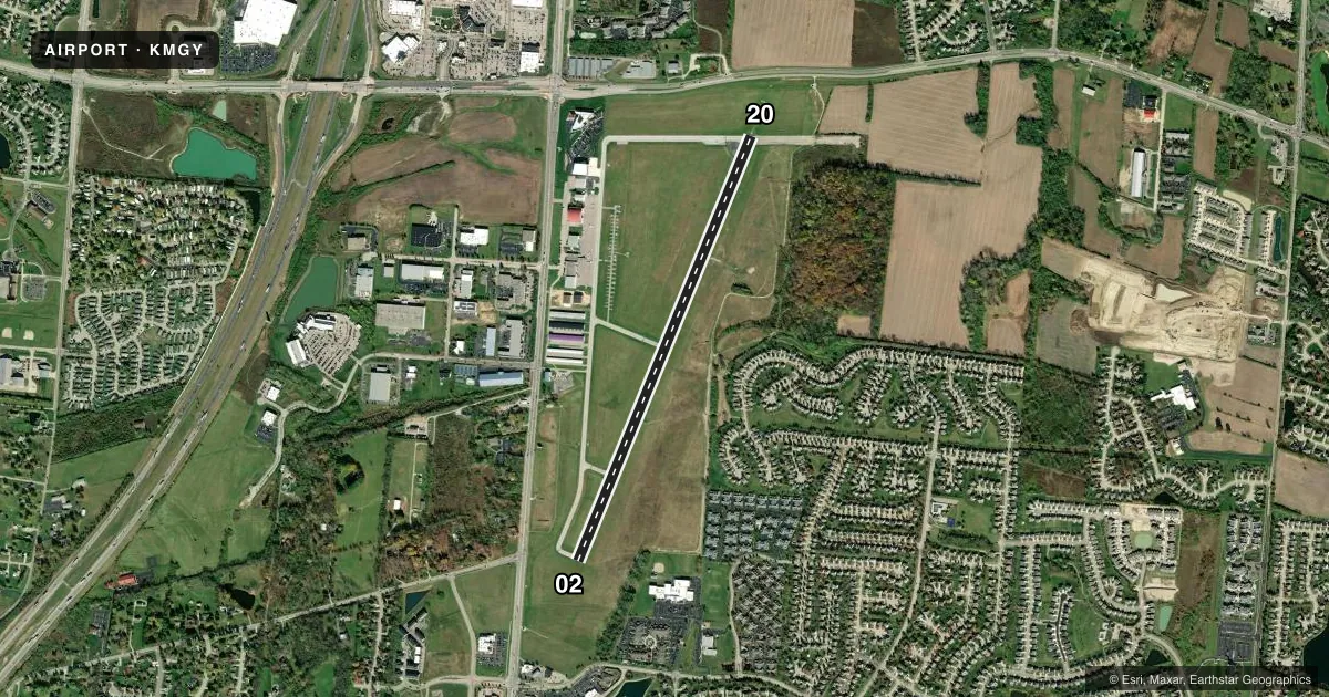Top-down satellite sketch of KMGY DAYTON/WRIGHT BROTHERS in DAYTON, OHIO, showing runways 02/20 drawn to scale over Esri World Imagery