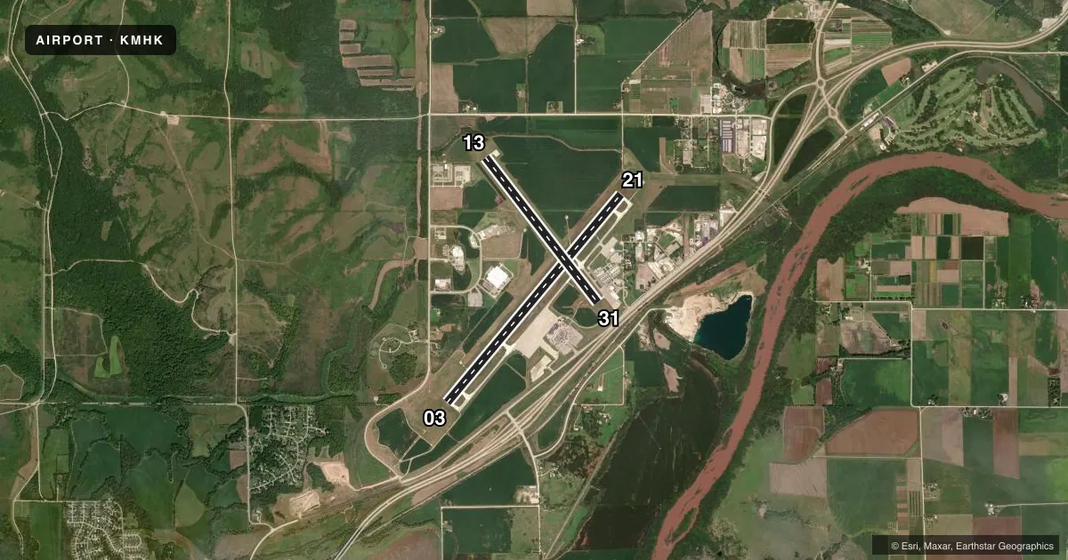 Top-down satellite sketch of KMHK MANHATTAN RGNL in MANHATTAN, KANSAS, showing runways 03/21, 13/31 drawn to scale over Esri World Imagery