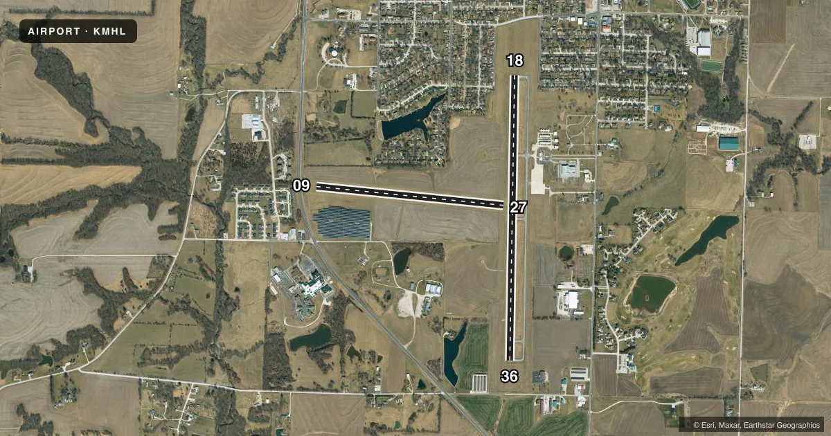 Top-down satellite sketch of KMHL MARSHALL MEML MUNI in MARSHALL, MISSOURI, showing runways 18/36, 09/27 drawn to scale over Esri World Imagery