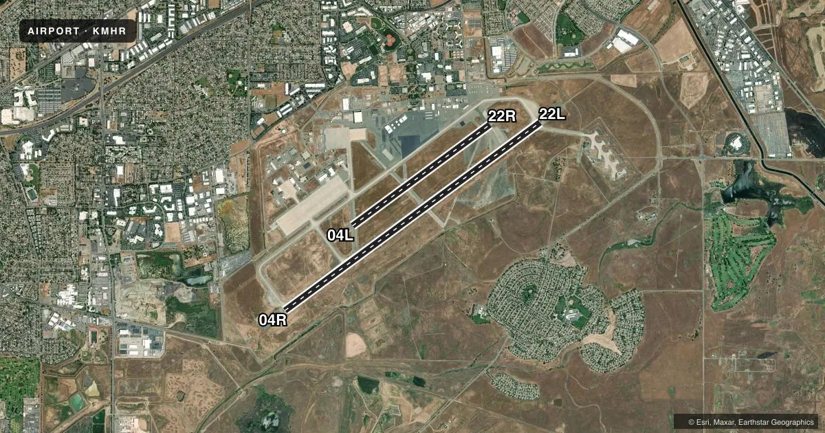 Top-down satellite sketch of KMHR SACRAMENTO MATHER in SACRAMENTO, CALIFORNIA, showing runways 04R/22L, 04L/22R drawn to scale over Esri World Imagery