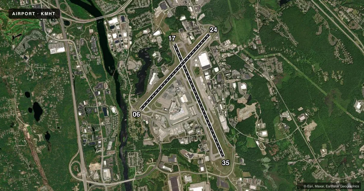 Top-down satellite sketch of KMHT MANCHESTER BOSTON RGNL in MANCHESTER, NEW HAMPSHIRE, showing runways 17/35, 06/24 drawn to scale over Esri World Imagery