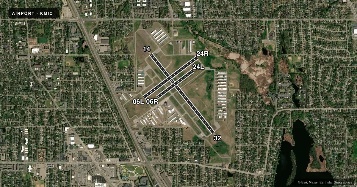 Top-down satellite sketch of KMIC CRYSTAL in MINNEAPOLIS, MINNESOTA, showing runways 14/32, 06L/24R, 06R/24L drawn to scale over Esri World Imagery