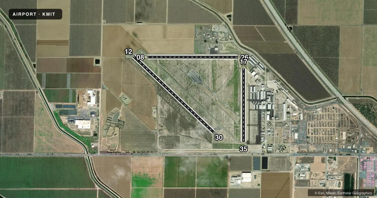 Top-down satellite sketch of KMIT SHAFTER-MINTER FLD in SHAFTER, CALIFORNIA, showing runways 12/30, 08/26, 17/35 drawn to scale over Esri World Imagery