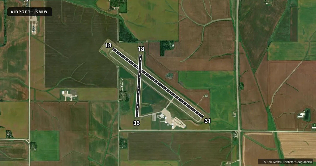 Top-down satellite sketch of KMIW MARSHALLTOWN MUNI in MARSHALLTOWN, IOWA, showing runways 13/31, 18/36 drawn to scale over Esri World Imagery