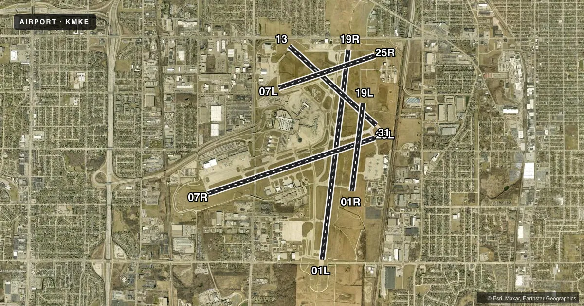 Top-down satellite sketch of KMKE GENERAL MITCHELL INTL in MILWAUKEE, WISCONSIN, showing runways 01L/19R, 07R/25L, 13/31, 07L/25R, 01R/19L drawn to scale over Esri World Imagery