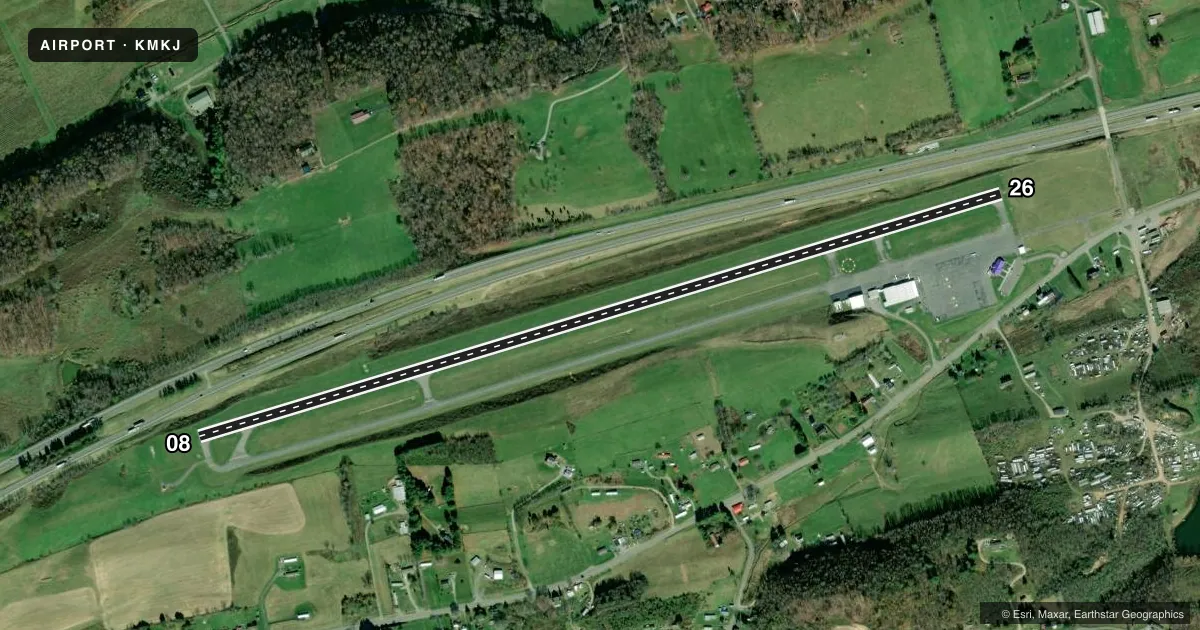 Top-down satellite sketch of KMKJ MOUNTAIN EMPIRE in MARION/WYTHEVILLE, VIRGINIA, showing runways 08/26 drawn to scale over Esri World Imagery