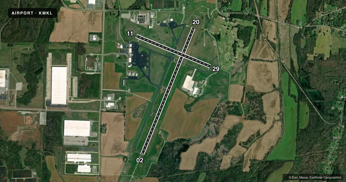 Top-down satellite sketch of KMKL JACKSON RGNL in JACKSON, TENNESSEE, showing runways 02/20, 11/29 drawn to scale over Esri World Imagery