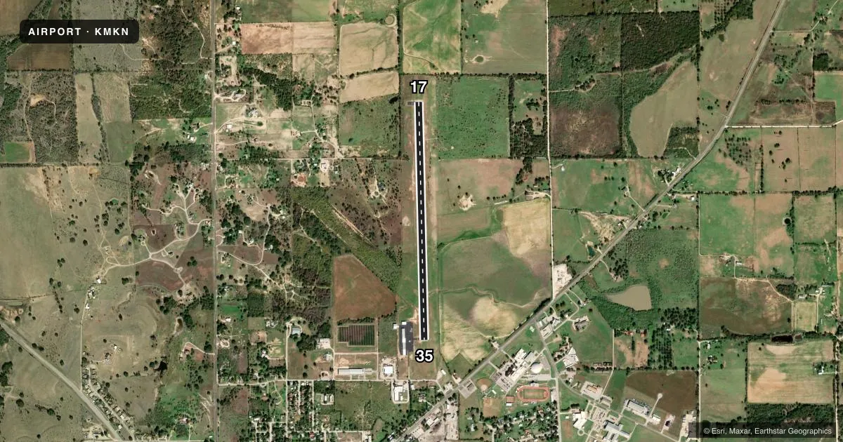 Top-down satellite sketch of KMKN COMANCHE COUNTY-CITY in COMANCHE, TEXAS, showing runways 17/35 drawn to scale over Esri World Imagery