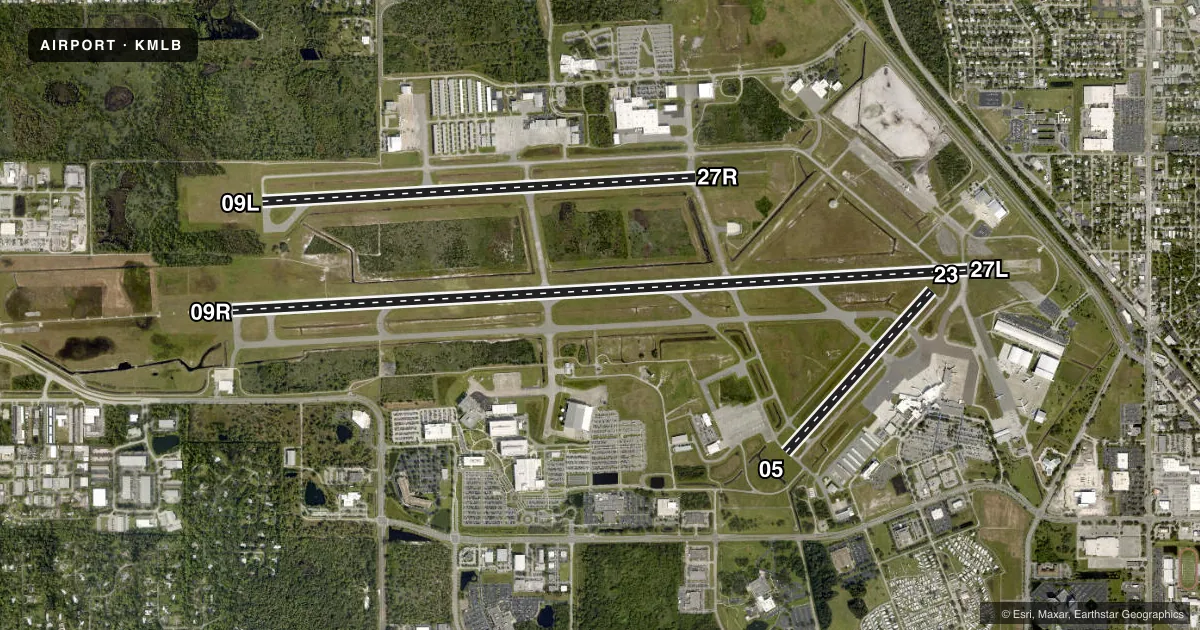 Top-down satellite sketch of KMLB MELBOURNE ORLANDO INTL in MELBOURNE, FLORIDA, showing runways 09R/27L, 09L/27R, 05/23 drawn to scale over Esri World Imagery