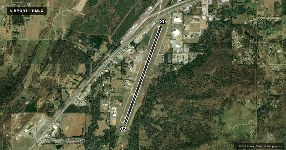 Top-down satellite sketch of KMLC MC ALESTER RGNL in MC ALESTER, OKLAHOMA, showing runways 02/20 drawn to scale over Esri World Imagery