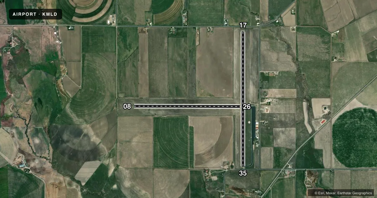 Top-down satellite sketch of KMLD MALAD CITY in MALAD CITY, IDAHO, showing runways 17/35, 08/26 drawn to scale over Esri World Imagery