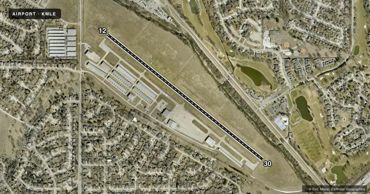 Top-down satellite sketch of KMLE MILLARD in OMAHA, NEBRASKA, showing runways 12/30 drawn to scale over Esri World Imagery