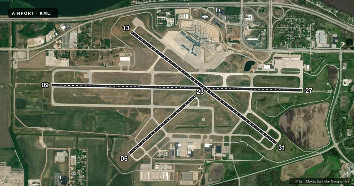 Top-down satellite sketch of KMLI QUAD CITIES INTL in MOLINE, ILLINOIS, showing runways 09/27, 13/31, 05/23 drawn to scale over Esri World Imagery