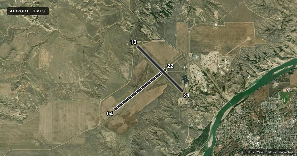 Top-down satellite sketch of KMLS FRANK WILEY FLD in MILES CITY, MONTANA, showing runways 04/22, 13/31 drawn to scale over Esri World Imagery