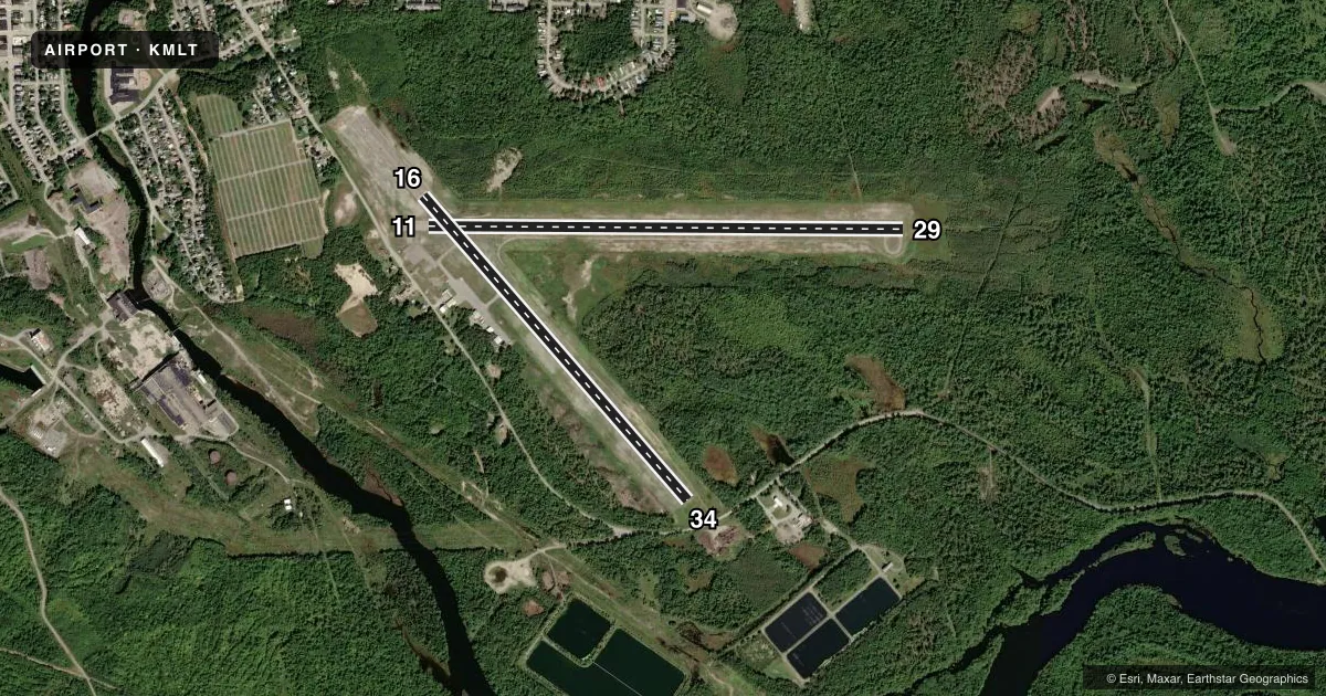 Top-down satellite sketch of KMLT MILLINOCKET MUNI in MILLINOCKET, MAINE, showing runways 11/29, 16/34 drawn to scale over Esri World Imagery